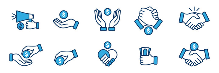 Collection of Blue and Teal Icons Depicting Business and Finance Concepts