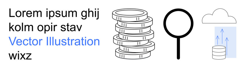Data analysis, cloud storage, financial systems, technology concepts, database management, economic growth. Stack of coins, magnifying glass cloud with database upload. Data analysis and cloud