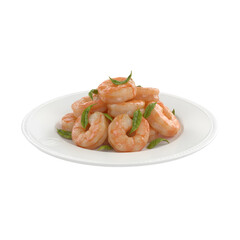 Delicious plate of cooked shrimp with green herbs on white dish