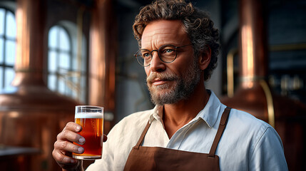 Master Brewer Sampling Craft Beer in Industrial Brewery with Atmospheric Sunlight