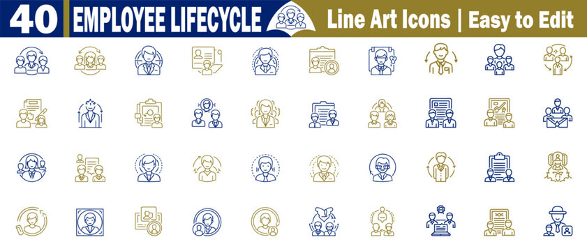 Employee lifecycle line art icons collection. recruitment, onboarding, performance, development, and offboarding stages vector illustration.