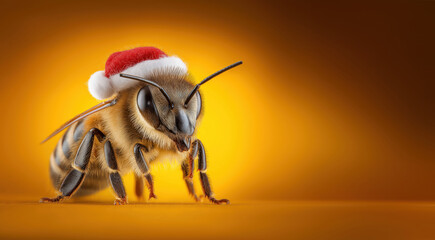 Bee dressed as Santa Claus for Christmas, copy space on yellow background