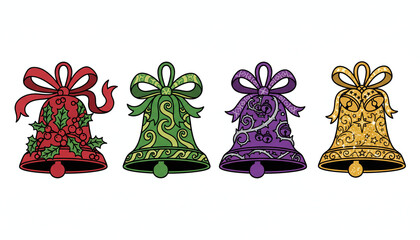 Festive Christmas bells decorated with colorful patterns and holiday ornaments.