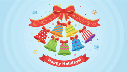 Colorful Christmas bells illustration with festive ribbons and holiday greeting.