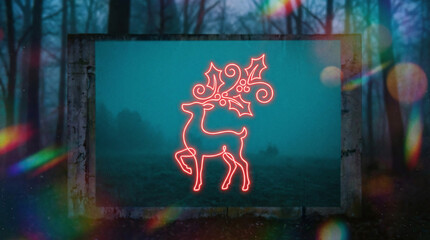 A vibrant luminous reindeer outline shining through an eerie misty forest atmosphere.