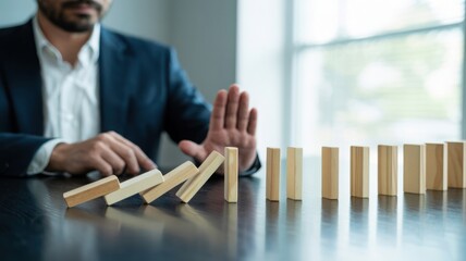 Businessman stopping falling dominoes, concept of risk management, crisis prevention, and business strategy