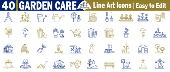 40 garden care line art icons. Easy to edit for agriculture tools, equipment, potted plants, watering can, greenhouse, birdhouse, wheelbarrow, pruning shears vector illustration.