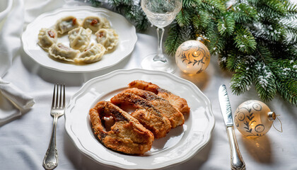 Wigilijny st&oacute;ł ze smażonym karpiem i pierogam