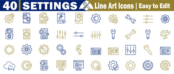 Settings line art icons. Easy to edit gear tools options, interface adjustment, synchronization process, and set outline vector symbols.