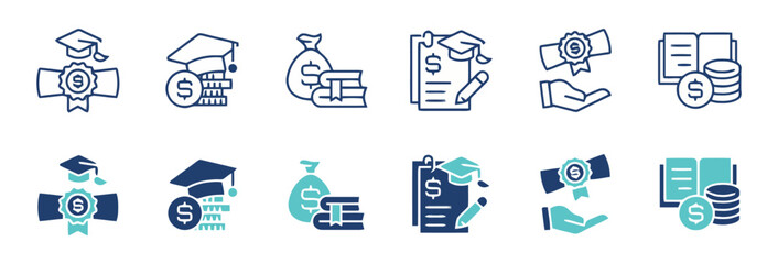 Education and Finance Icons Set Graduation Cap Money Bag and Diploma