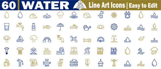 60 water line art icons. Easy to edit set featuring essential elements like droplets, faucets, and aquatic activities with a gold tint vector illustration. 