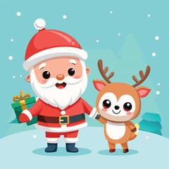 Cute cartoon santa claus and reindeer with gift box in snowy background,  A cheerful cartoon illustration of Santa Claus and a friendly reindeer holding hands with a gift box in a snowy winter scene.
