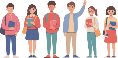 Obraz premium Group of six cartoon students with books and backpacks, casual academic style, education theme, flat vector illustration