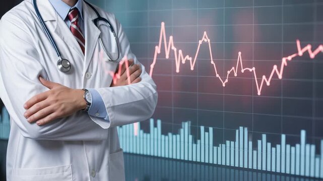 Doctor with arms crossed in front of a financial stock market graph physician medical professional