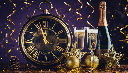 Sylwestrowe, fioletowo-złote tło z zegarem wskazującym p&oacute;łnoc, szampanem, kieliszkami i ozdobami świątecznymi