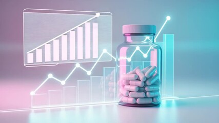 Pharmaceutical growth chart with pills in a bottle and glowing graph medicine capsules - Powered by Adobe