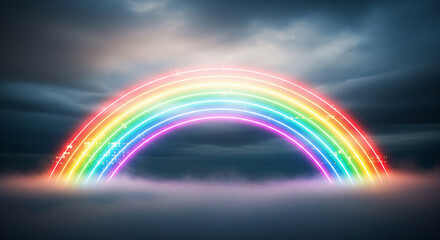 A vibrant neon rainbow arching over a dark, misty landscape. Ideal for sci-fi backgrounds, LGBTQ+ pride themes, hope concepts, or digital art designs.