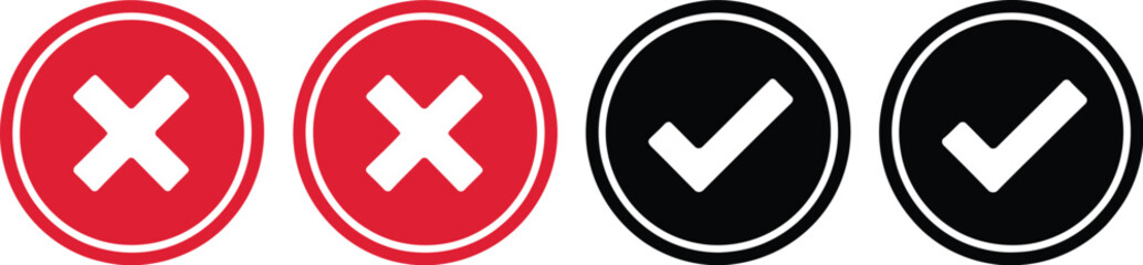 Fototapeta premium Red circle icons with white X symbols representing no, wrong and rejection states for interfaces, warnings and notifications.
