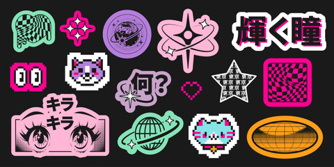Vintage anime stickers set isolated on black background. Vector illustration of pixel animal icons, checkered heart and star shapes, Asian hieroglyphs, cute girl eyes, planet, retro futuristic emoji