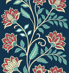 Stylized Chintz Floral Pattern on Dark Blue Background