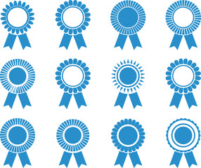 Blue rosette badges with ribbon tails featuring striped, solid and scalloped centers, suitable for awards, competitions, achievements, recognition, and events.