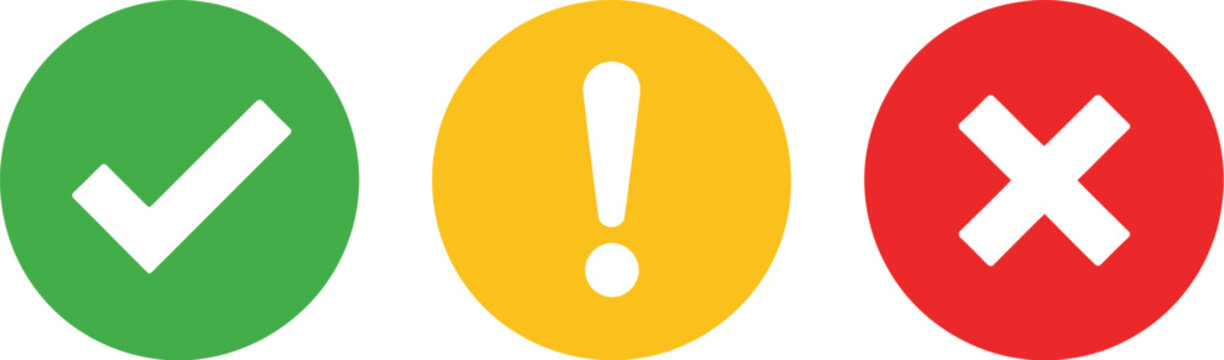 Green circle checkmark and yellow circle exclamation icons representing success and warning status, ideal for apps, dashboards, interfaces and alerts.