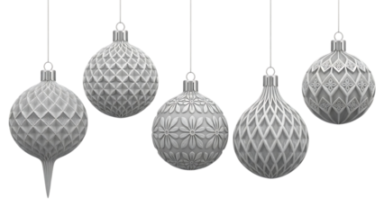 Christmas Ornaments: A cluster of elegant, silver Christmas ornaments, each adorned with intricate patterns, suspended against a simple backdrop. Evoking the spirit of the festive season.