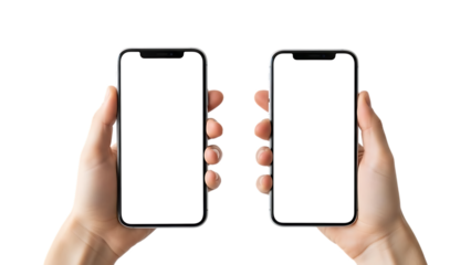 Dual Display in Hand: two hands delicately cradle sleek smartphones, displaying empty screens. A modern technology showcasing digital display and human interaction.
