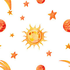 A space-themed seamless pattern with yellow and orange watercolor illustrations of stars, the sun, and planets on a white background. Design for textiles, packaging, and other children's products.