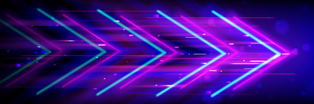 Speed boost arrow signs on dark background. Vector realistic illustration of neon pink blue motion symbols, movement forward, future technology development, business growth strategy, data technology