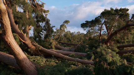 Obraz premium A forest of snapped trees laying in chaotic patterns after a category-five hurricane, once-dense canopy now stripped bare — ecological devastation, extreme wind impact, and environmental