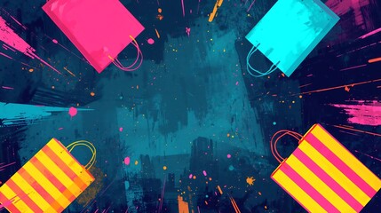 An abstract, colorful background with four stylized shopping bags (pink, blue, and two yellow/pink striped) framed by paint splatters and grunge textures on a dark blue-teal background.