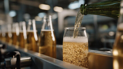 A sparkling-water factory line where CO₂ injectors fizz bottles at high speed, bubbles rising in perfect uniformity under bright industrial lights — beverage carbonation, precision manufacturing,