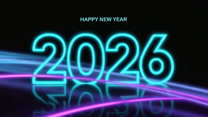 Happy new year 2026 neon light glowing text reflection on dark background - Powered by Adobe