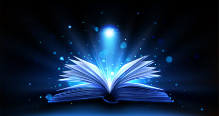 Open magic book with bright light glowing on black background. Vector realistic illustration of holy bible pages, old spell book with hard cover and sparkles, education literature, wisdom miracle