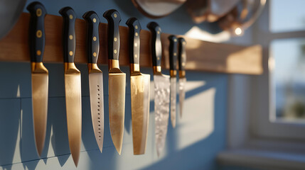 A chef’s kitchen with wall-mounted magnetic knife strips holding a gleaming set of blades, emphasizing cleanliness, readiness, and culinary craftsmanship. cinematic color correction, natural uneven