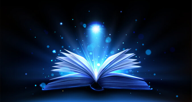 Open magic book with bright light glowing on black background. Vector realistic illustration of holy bible pages, old spell book with hard cover and sparkles, education literature, wisdom miracle