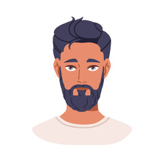 Man avatar, head portrait. Handsome young male character with hairstyle, beard. Person user profile with calm neutral emotion, face expression. Flat vector illustration isolated on white background