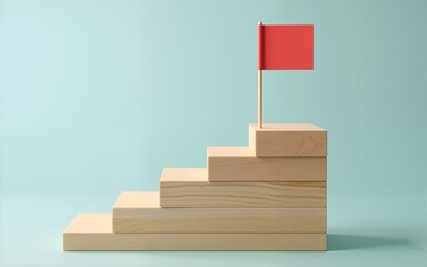 Wooden block stacking as step stair with flag target, Ladder of success in business growth concept, copy space. High quality