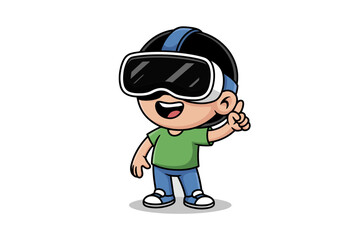 Cartoon kid wearing vr headset pointing up vector illustration for virtual reality design