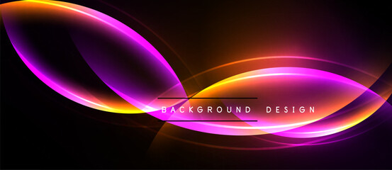 Abstract neon lines form flowing shapes against dark backdrop. Vibrant orange, purple hues create dynamic visual effect. Modern design element.