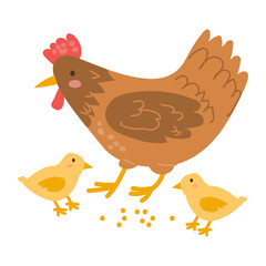 Cartoon mother hen with chicks. Vector illustration isolated on transparent background. Cute hen - farm bird in kids style. Flat vector illustration.