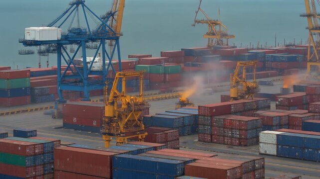 Time-lapse footage of a bustling container port with towering cranes loading and unloading cargo ships, showcasing global trade and modern logistics operations