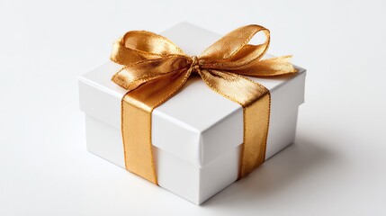 Obraz premium A white gift box with a gold bow, a Christmas present.