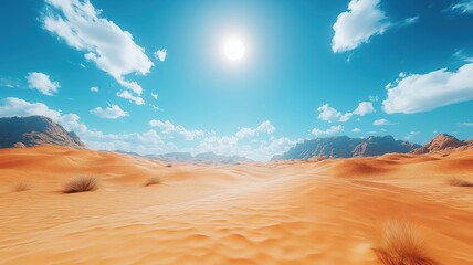 Expansive desert landscape under bright sun and blue sky  