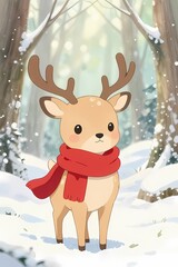Anime Watercolor Cute Deer Snowy Forest Pastel Illustration.