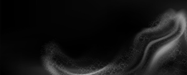Soap foam corner frame on black background. Vector realistic illustration of shampoo bubbles on glass, frothed shower gel smear, water blobs on surface, wash sponge trace texture, detergent effect