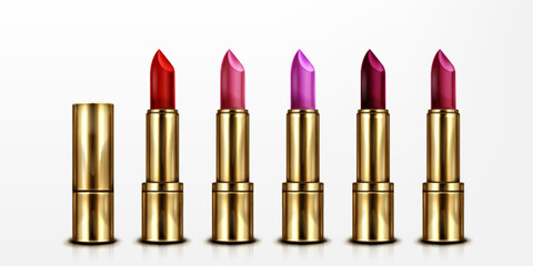 Obraz premium Lipstick set with golden tubes and colorful tips on white background. Realistic 3D cosmetic collection in red, pink and purple shades with luxury lipstick cases. Beauty product and makeup brand mockup