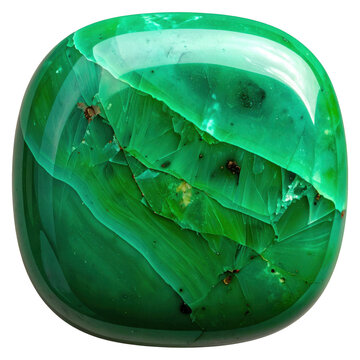 Polished chrysoprase gemstone with vibrant green hue on transparent background