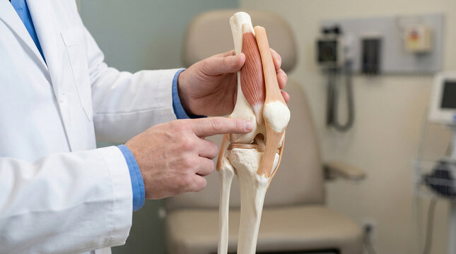 A doctor demonstrates the anatomy of the human knee joint using a detailed medical model during a patient consultation in a clinic setting